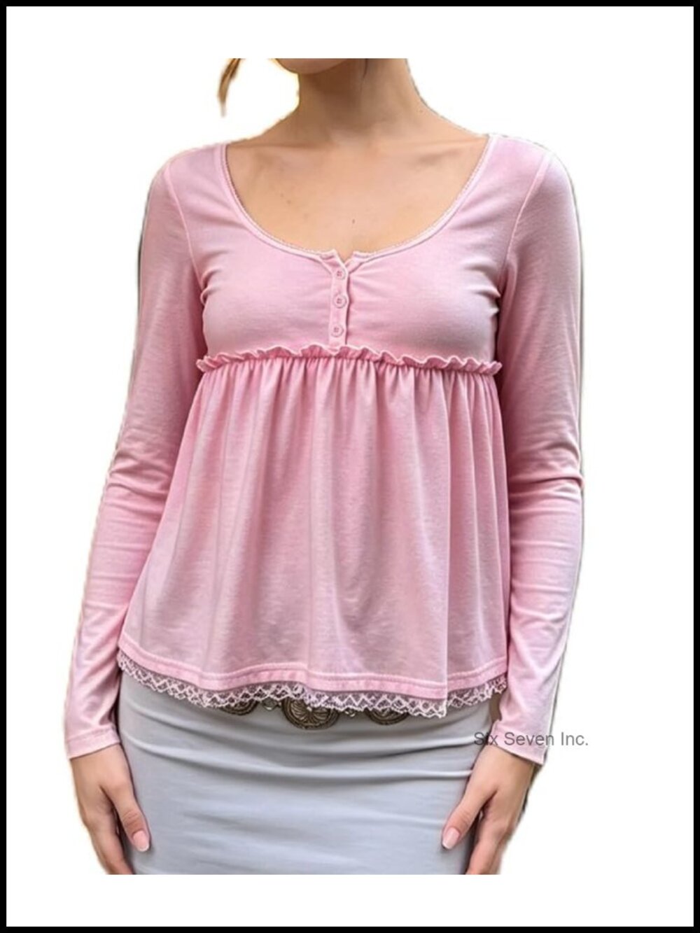 Long Sleeve Babydoll Henley Peplum Blouse Lace Trim Flowy Top